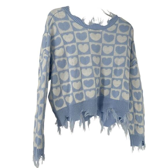 Checkerboard Sweater Blue Heart Oversized Fringe V Neck Crop Size M Just Polly - Picture 4 of 6